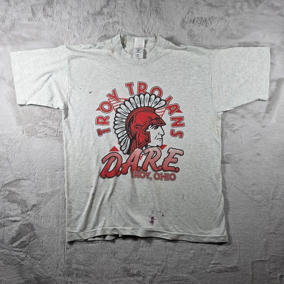 Screen Stars Best Other - Screen‎ Stars Troy Trojans DARE T-Shirt Mens XL Grey Vintage 90s Single Stitch